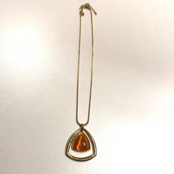 M&S Gold Tone Pendant Necklace Cat Eye Stone Modernist Vintage Style Statement - Picture 4 of 7